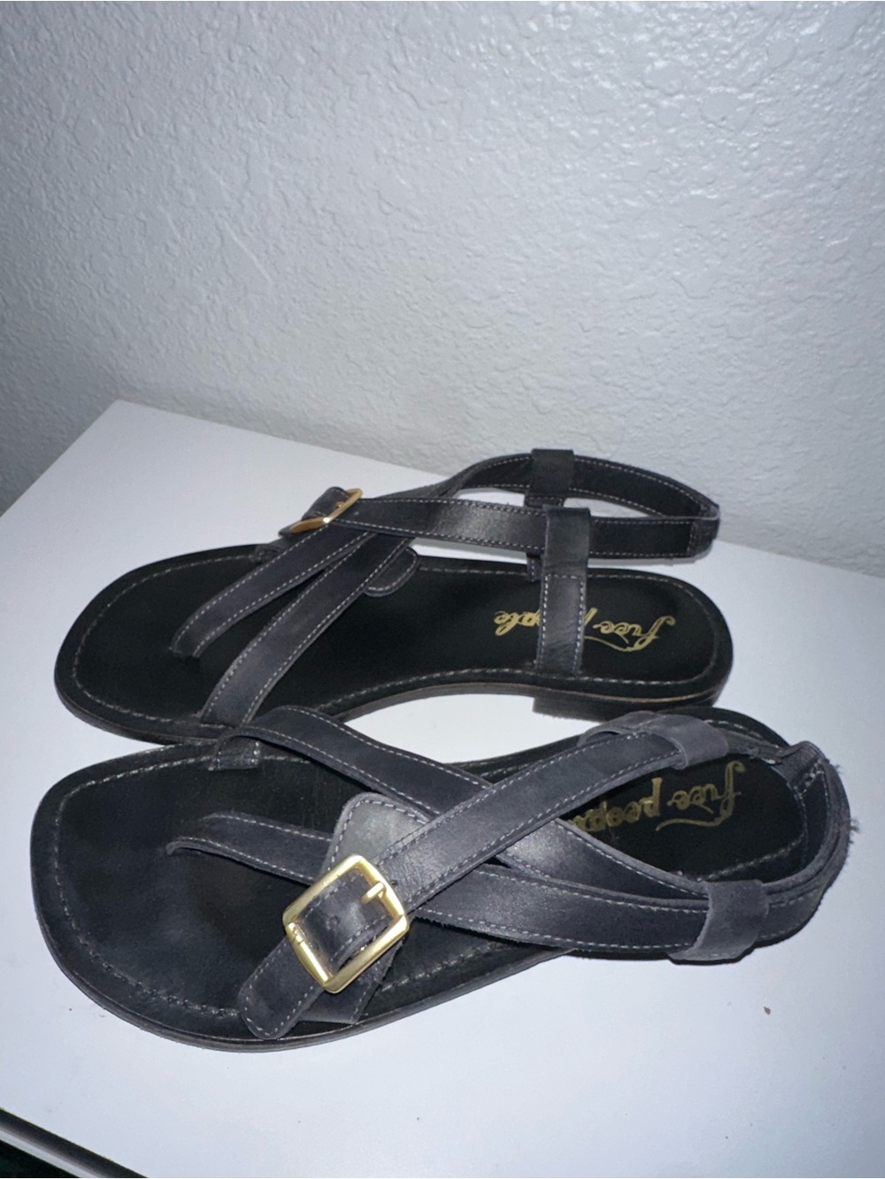 Free People Black Strappy Sandals with Gold Buckle